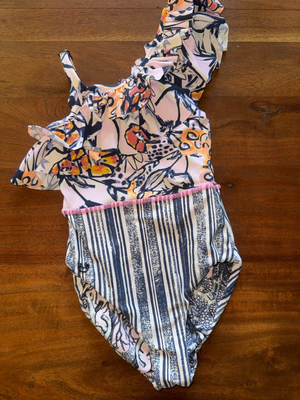 Maaji Girls‎ Pink Floral & Navy Striped One-Piece Swimsuit
